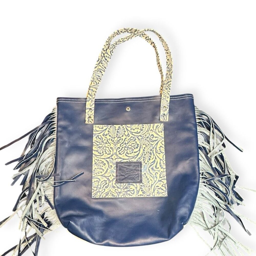 DANCING CACTUS DESIGNS Cowhide Leather Fringe Tote Bag Blue Tooled Western Boho